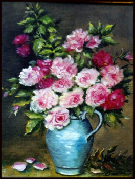 Zeitgenössisches Werk mit dem Titel « Roses au vase bleu », Erstellt von GENEVIEVE S.