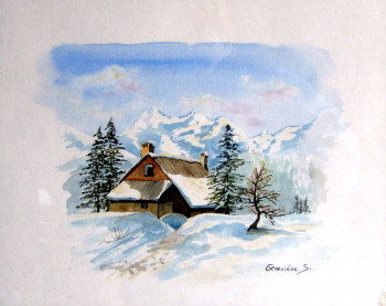 Zeitgenössisches Werk mit dem Titel « chalet isolé dans le grand blanc », Erstellt von GENEVIEVE S.