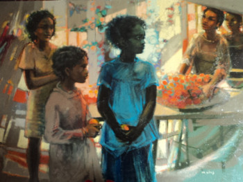 Zeitgenössisches Werk mit dem Titel « trois petites filles en fin de marché 1989 », Erstellt von MICHEL CLOS