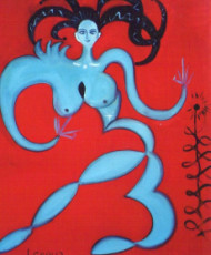 femme-bleue-sur-fond-rouge