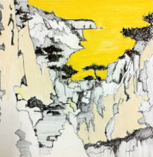 calanque-en-jaune-dessin-a-lencre-et-pastel-monochrome